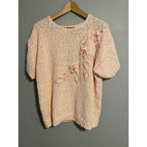 Vintage Mervyns Womens Top XL Pink Chunky Knit Floral Embroidered Beaded Granny